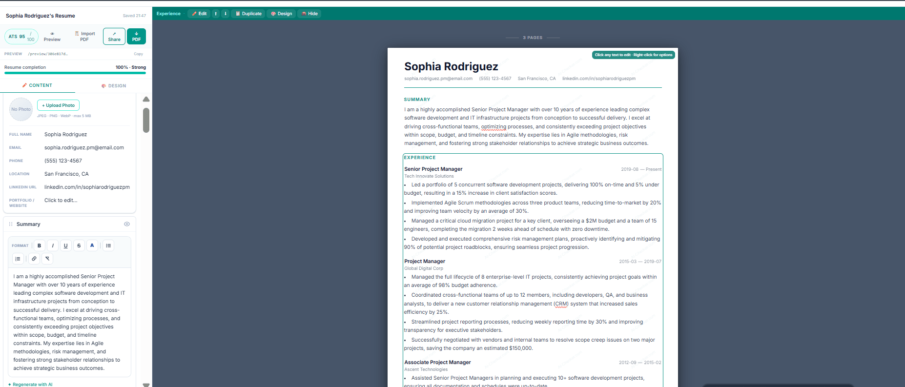 Craft Resume AI resume editor showing split-pane interface with content panel on left and live resume preview on right