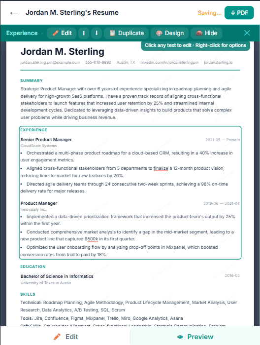 Craft Resume AI mobile view showing resume preview with PDF download button